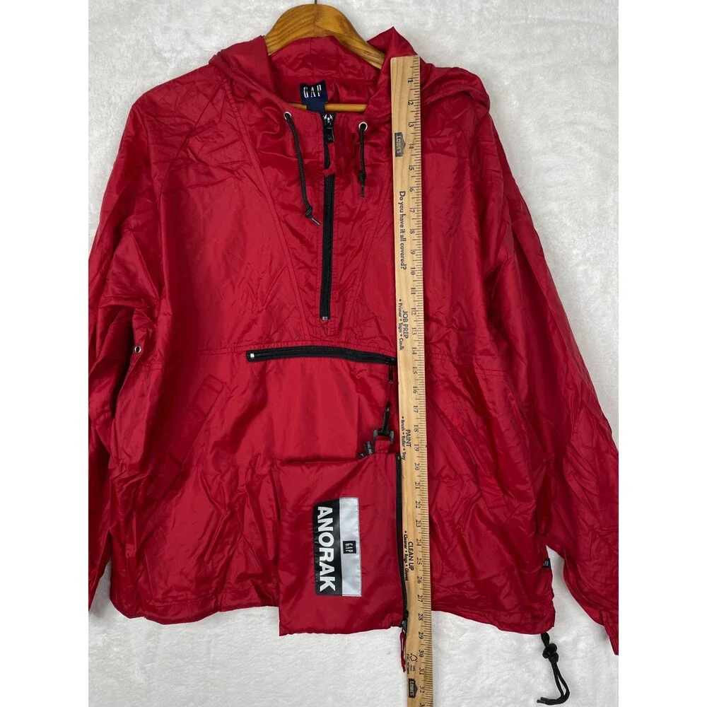 Vintage GAP Anorak Jacket Mens Large Red Nylon Pullover Pockets Rain Hoodie Y2K